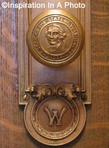 Door knob with state seal_close-up
